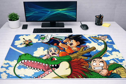 Large 24x12 inch Dragon Ball Classic mousepad featuring young Goku, Shenron, and friends on a clean gaming desk setup.