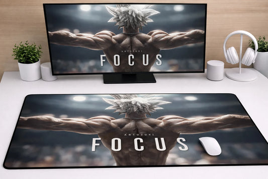 Large 24x12 inch mousepad featuring a silver-haired anime warrior with muscular back and "FOCUS" text on a clean desk setup.