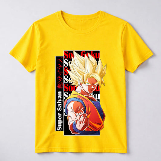 Yellow PokeTCG Super Saiyan Goku Dragon Ball anime graphic t-shirt.