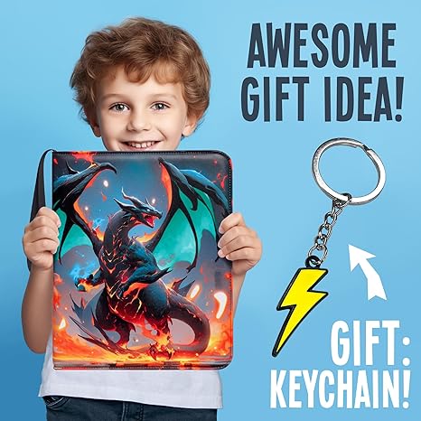 Child holding a dragon-themed product with a keychain and 'Awesome Gift Idea!' text on a blue background