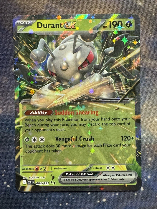 Pokémon TCG Durant ex 004/191 Double Rare card from Surging Sparks, featuring the Iron Ant Pokémon with premium holographic patterns.
