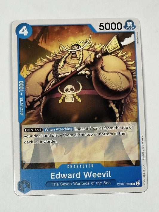 One Piece TCG character card OP07-039 featuring Edward Weevil, a massive man with a long white mustache and braided hair, holding a bisento against an orange and black background