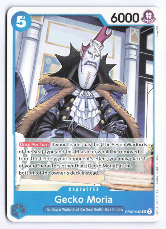 One Piece TCG character card OP07-042 featuring Gecko Moria with white skin, purple hair, and a stitched neck, wearing a dark fur-collared coat against a regal interior background