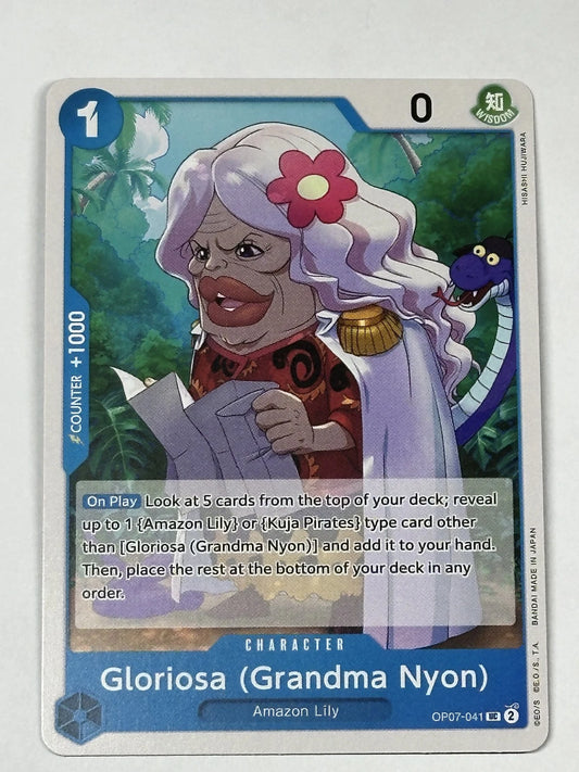 One Piece TCG character card OP07-041 featuring Gloriosa (Grandma Nyon) with grey hair and a pink flower, reading a newspaper with a purple snake in the background.