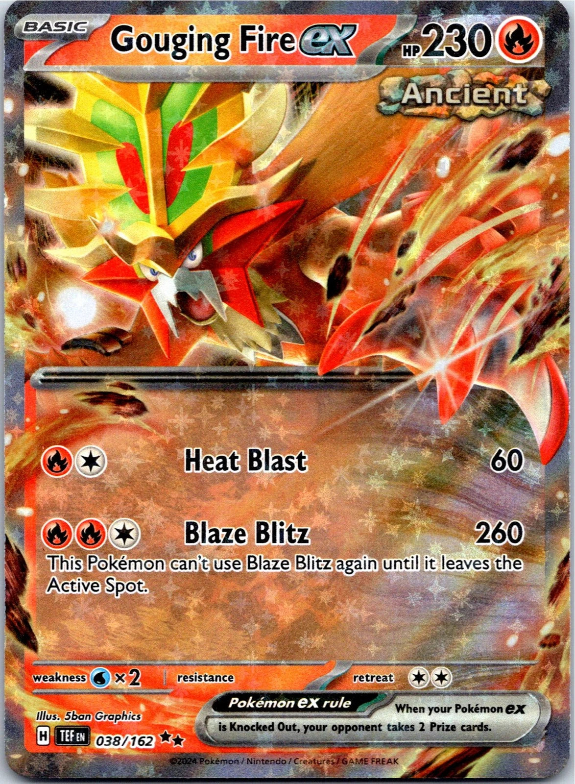 Pokémon TCG Gouging Fire ex 038/162 Double Rare card from Temporal Forces, featuring the Ancient Paradox Pokémon with a premium holofoil finish.