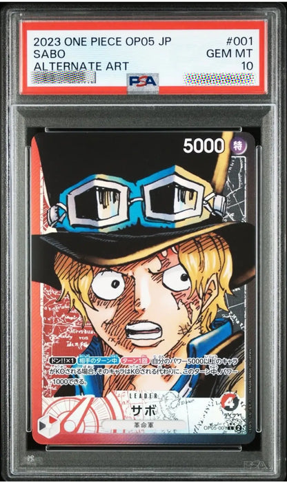 A graded One Piece trading card featuring Sabo, encapsulated in a PSA grading holder. The card is numbered 2023 One Piece OP05 JP and features a highly detailed illustration of Sabo wearing goggles and a hat, with a red PSA header card at the top.