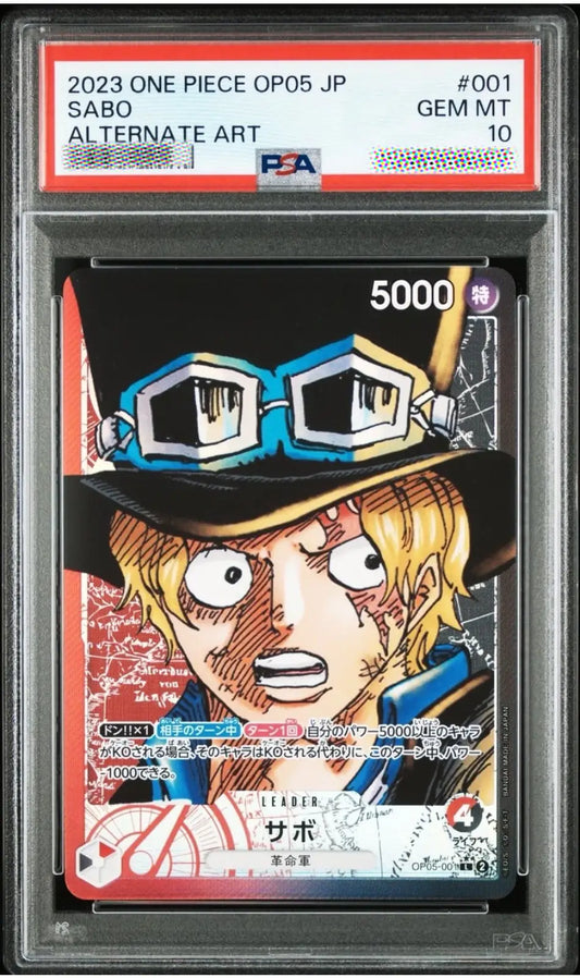 A graded One Piece trading card featuring Sabo, encapsulated in a PSA grading holder. The card is numbered 2023 One Piece OP05 JP and features a highly detailed illustration of Sabo wearing goggles and a hat, with a red PSA header card at the top.