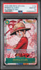 A graded One Piece trading card of Monkey D. Luffy in an alternate art print design, sealed inside a PSA Gem Mint 10 holder.