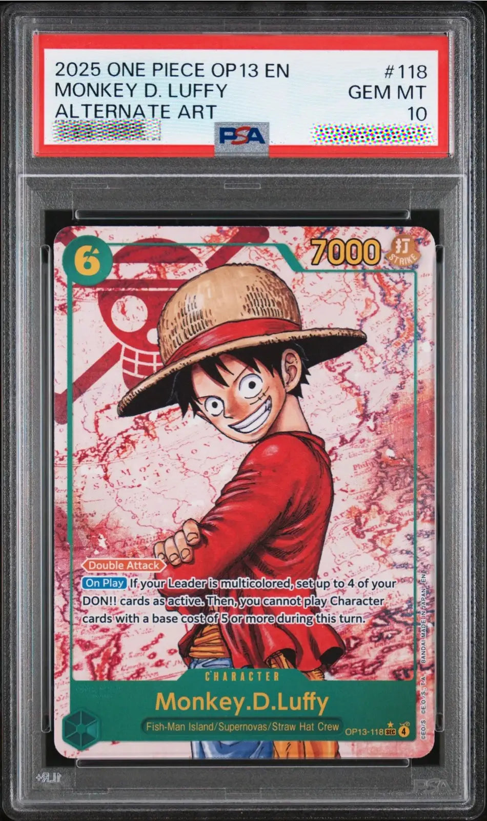 A graded One Piece trading card of Monkey D. Luffy in an alternate art print design, sealed inside a PSA Gem Mint 10 holder.