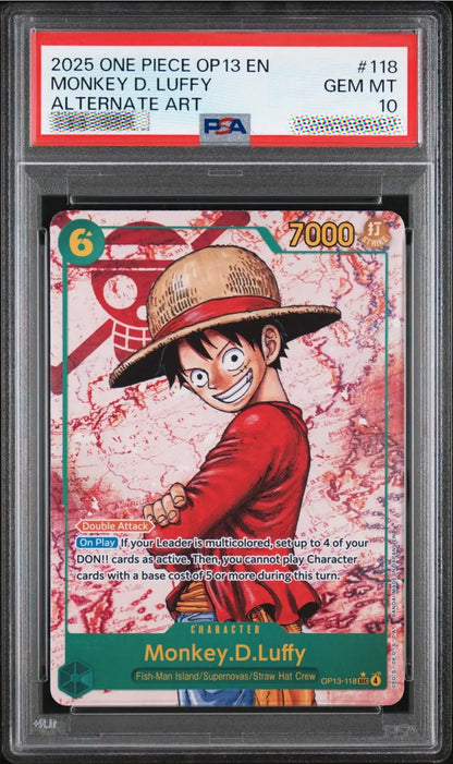 A graded One Piece trading card of Monkey D. Luffy in an alternate art print design, sealed inside a PSA Gem Mint 10 holder.