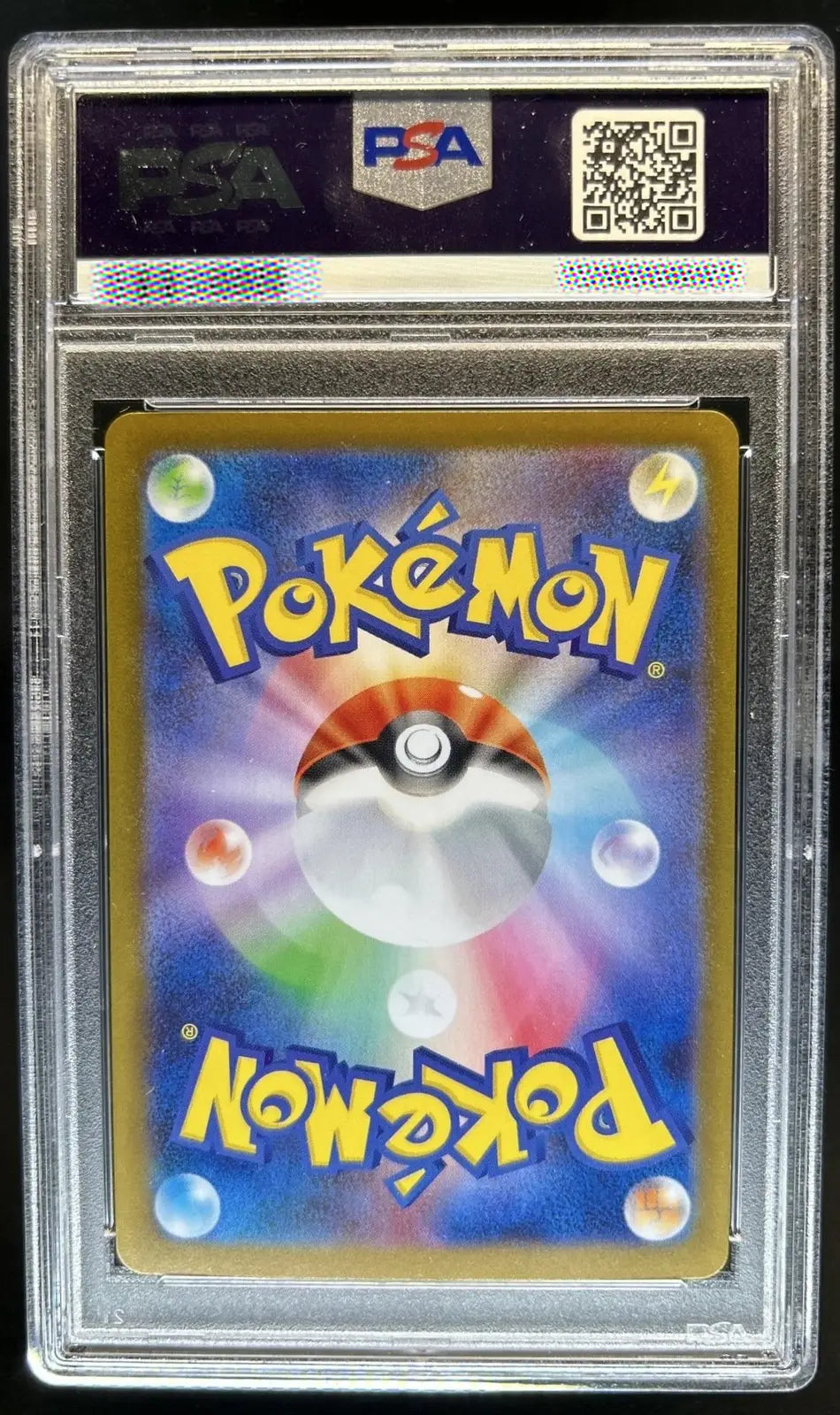 A  inside a clear PSA slab, showing the card back with a colorful blue and purple gradient, yellow Pokémon logo, and a Pokéball illustration. The PSA header is visible at the top.