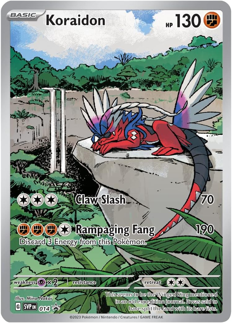 Pokémon trading card featuring Koraidon with a grass and sky background