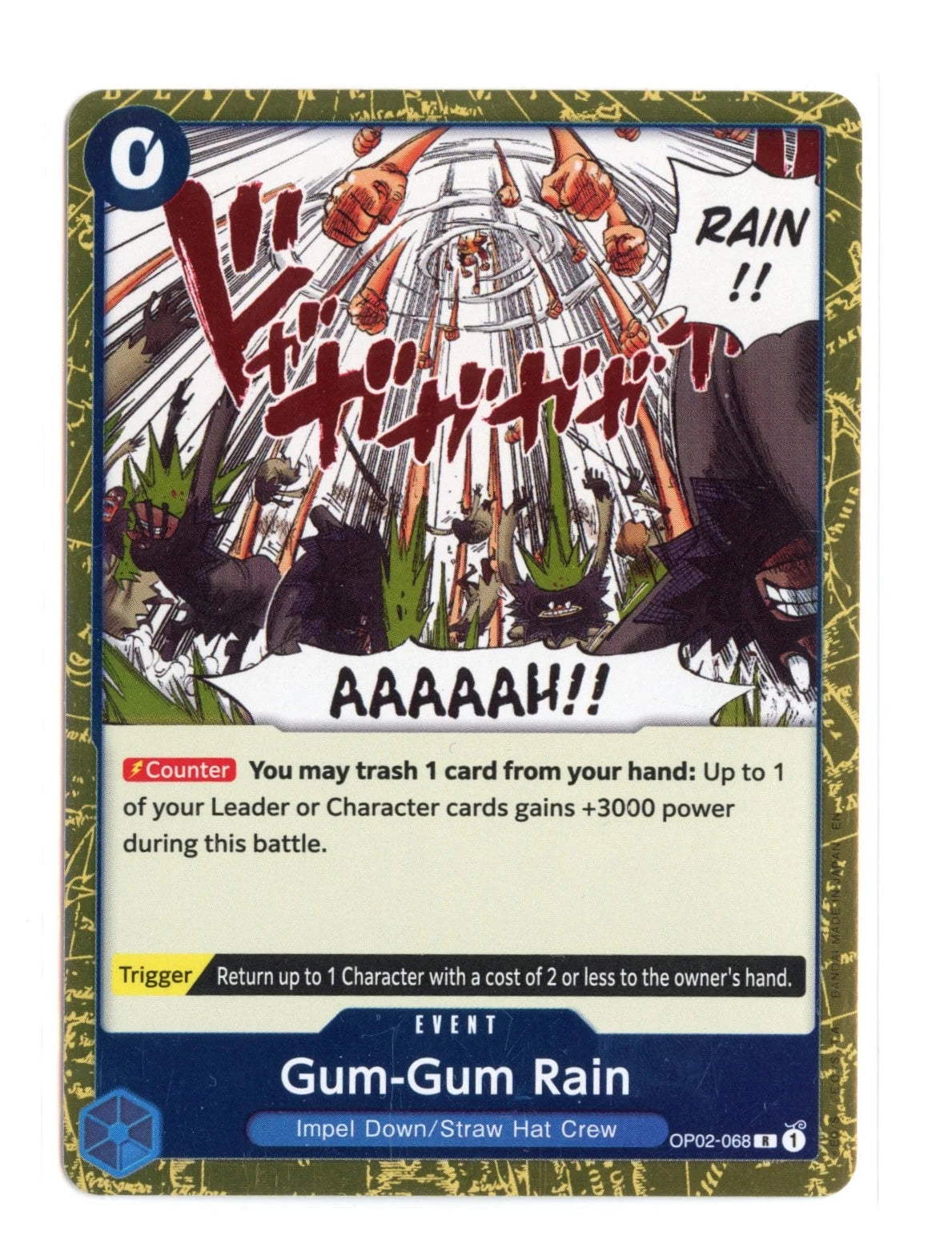 One Piece TCG Gum-Gum Rain OP02-068 rare foil card from Paramount War set featuring Luffy's signature attack and official English text.