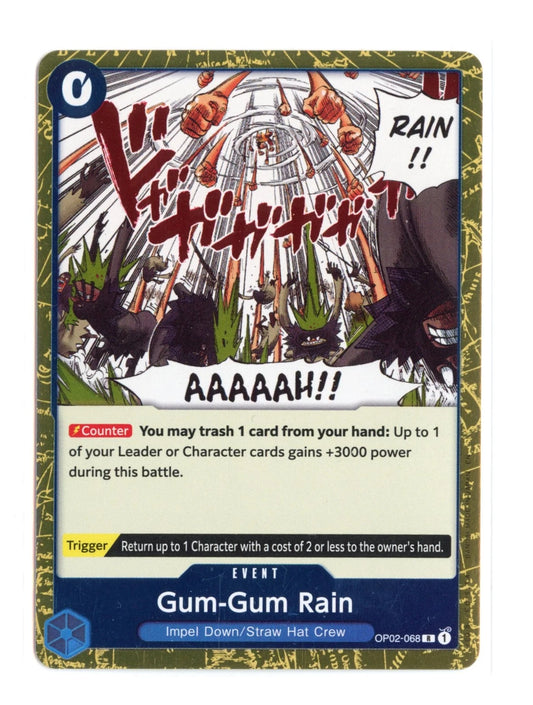 One Piece TCG Gum-Gum Rain OP02-068 rare foil card from Paramount War set featuring Luffy's signature attack and official English text.