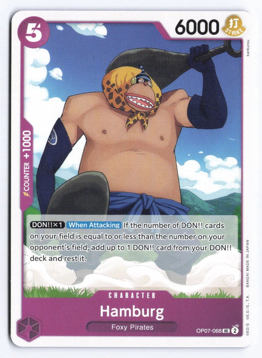 One Piece TCG character card OP07-068 featuring Hamburg, a large muscular man wearing a leopard-print hood and blue arm sleeves, holding a club against a blue sky background.