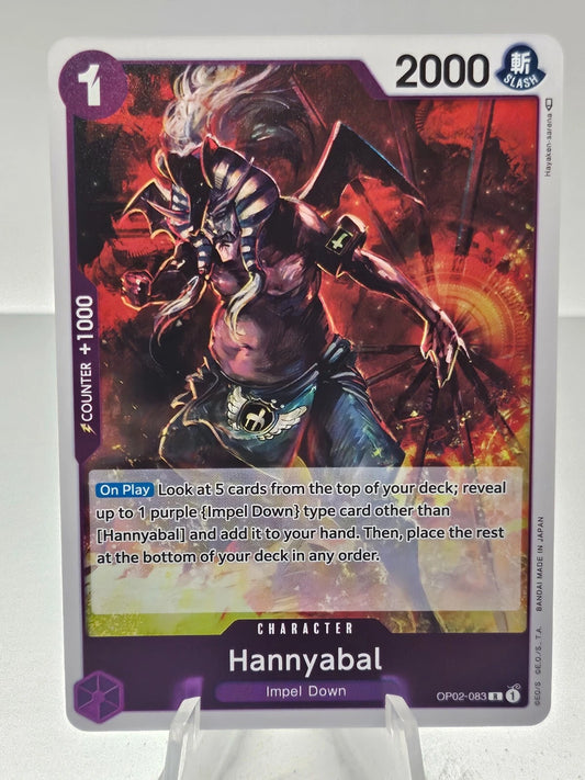 One Piece TCG Hannyabal OP02-083 rare holographic card from Paramount War set featuring the Vice Warden in a radiant foil finish