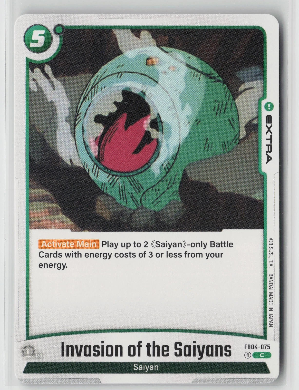 Dragon Ball Fusion World trading card FB04-075 titled Invasion of the Saiyans featuring a green Saiyan space pod crashing into the ground with smoke.