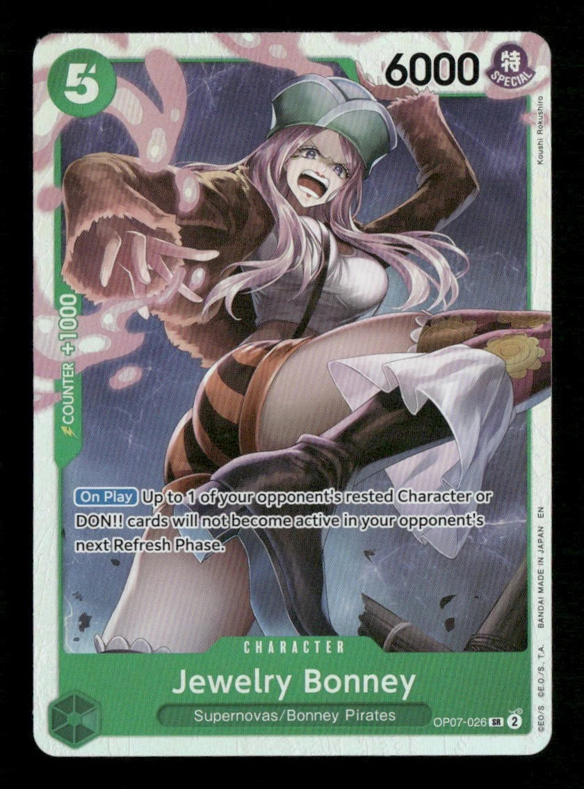 One Piece TCG Jewelry Bonney OP07-026 super rare English card from 500 Years in the Future set featuring 8000 power and rest lock ability.