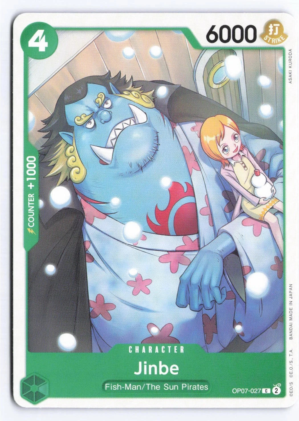 One Piece TCG character card OP07-027 featuring Jinbe, a large blue Fish-Man in a floral kimono, carrying a small young girl with orange hair through falling snow.
