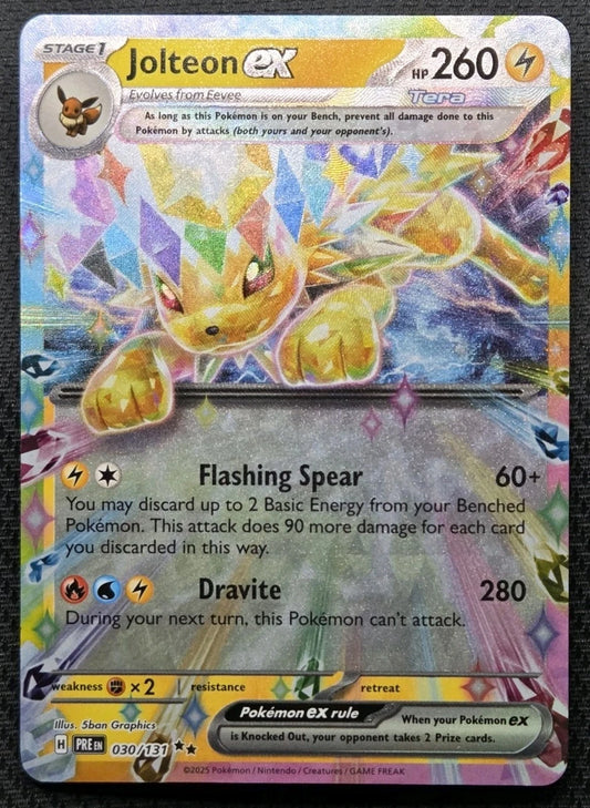 Pokémon TCG Jolteon ex 030/131 Double Rare card from Prismatic Evolutions, featuring the Terastallized Lightning-type Pokémon with a premium prismatic finish.