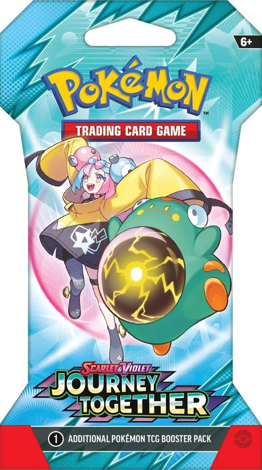 Pokémon Trading Card Game booster pack with character design on a blue and red background