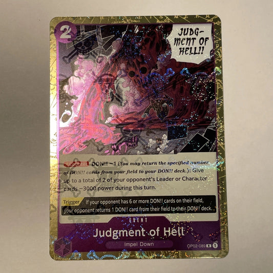 One Piece TCG Judgement of Hell OP02-089 premium Jolly Roger foil card from The Best expansion featuring dramatic English artwork.