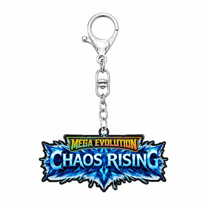 A silver metal keychain featuring the 'Mega Evolution Chaos Rising' logo charm, displayed against a solid white background.
