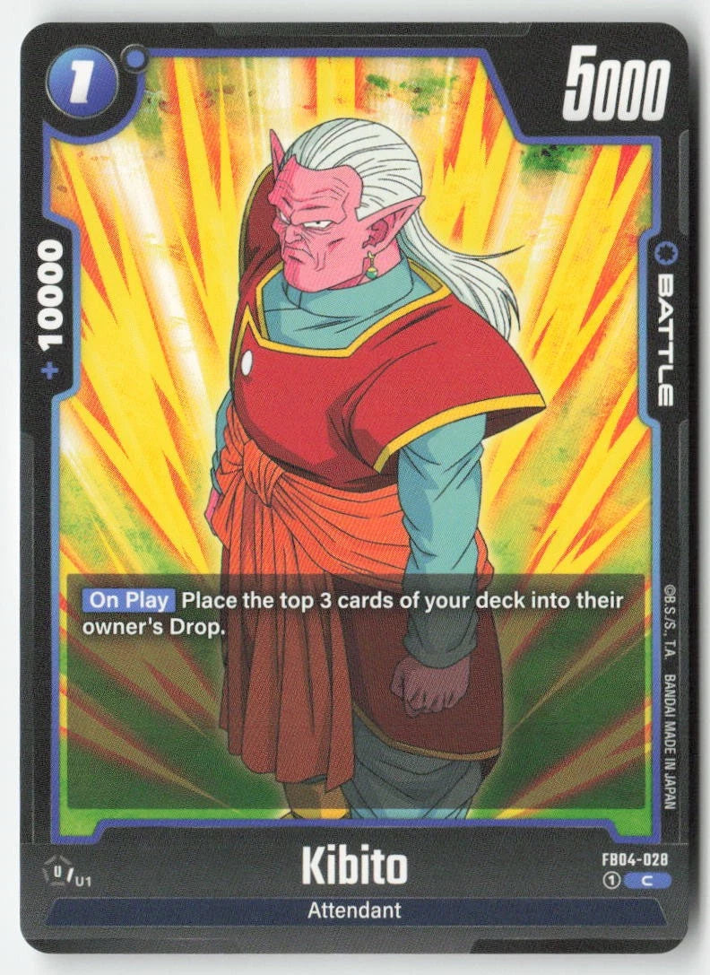 Dragon Ball Fusion World trading card FB04-028 featuring Kibito with pink skin and white hair, wearing red and blue robes against a yellow energy background.
