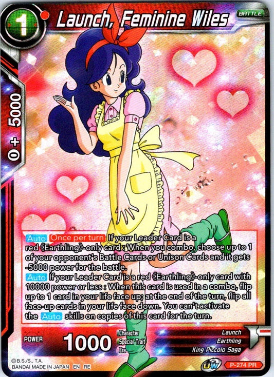 Dragon Ball Super TCG Launch Feminine Wiles P-274 rare foil card from Mythic Booster featuring Red removal ability and 15000 power.