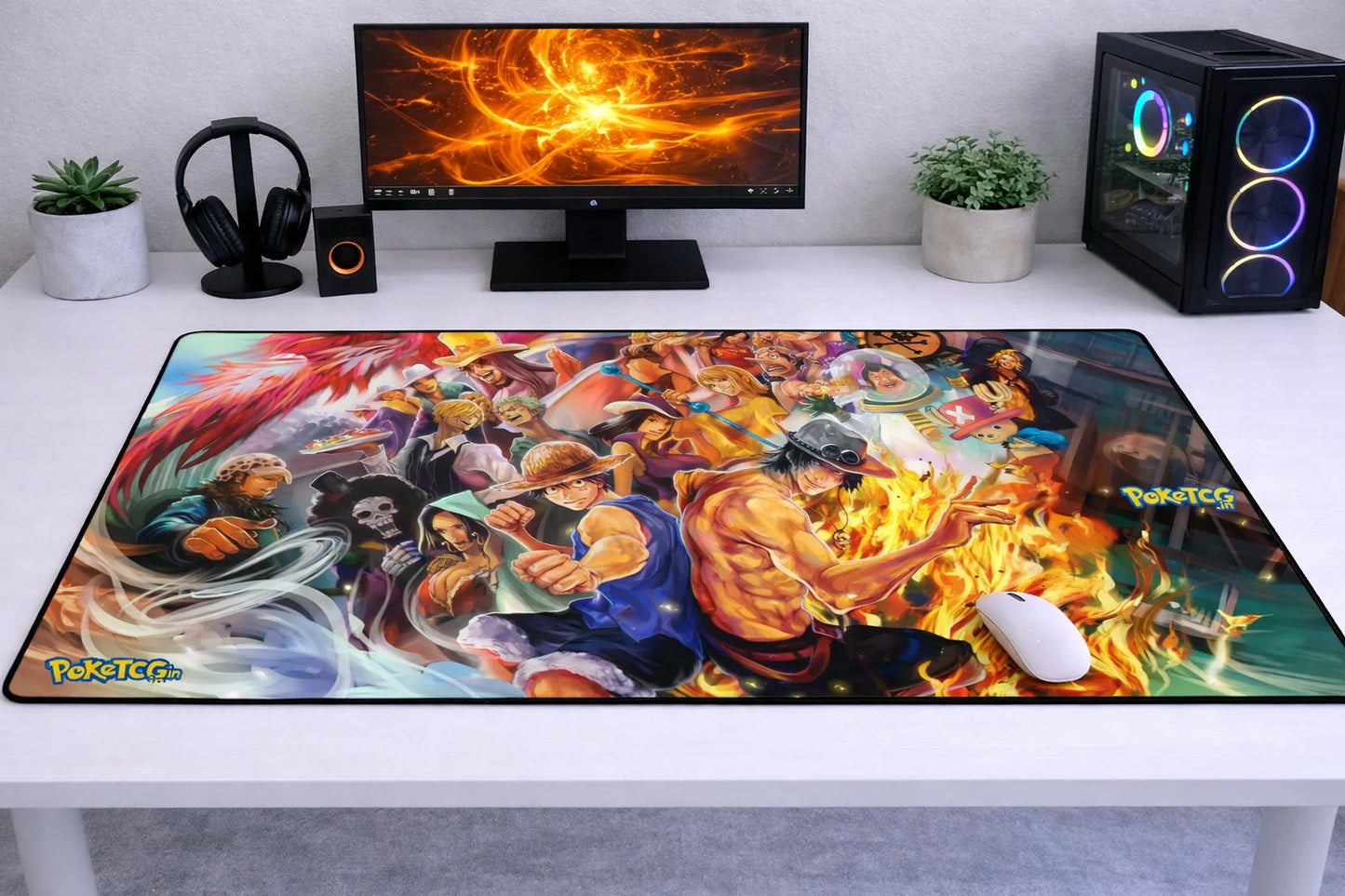 Large 24x12 inch One Piece mousepad featuring a black-and-white Luffy manga panel collage on a clean white desk setup.