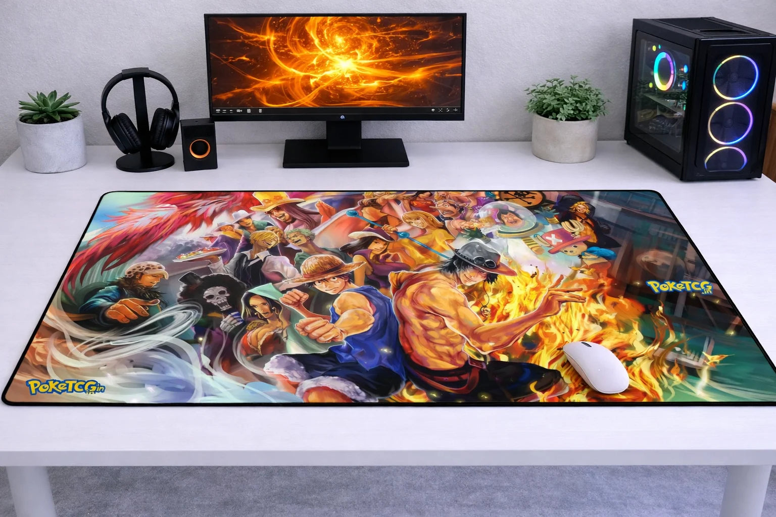 Large 24x12 inch One Piece mousepad featuring a black-and-white Luffy manga panel collage on a clean white desk setup.