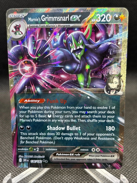 Pokémon TCG Marnie's Grimmsnarl ex 136/182 Double Rare card from Destined Rivals, featuring the Dark-type Pokémon with a premium holofoil finish.