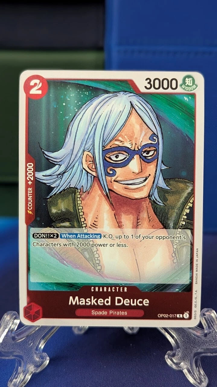 One Piece TCG Masked Deuce OP02-017 rare character card from Paramount War set featuring striking Whitebeard Pirates crew member artwork.