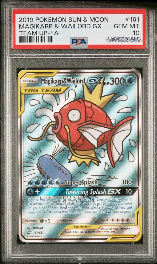 Master Copy 2019 Pokémon Sun & Moon Team Up #161 Magikarp & Wailord GX Full Art PSA 10