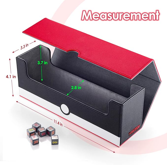 Black and red dice tray with measurements and dice on a white background
