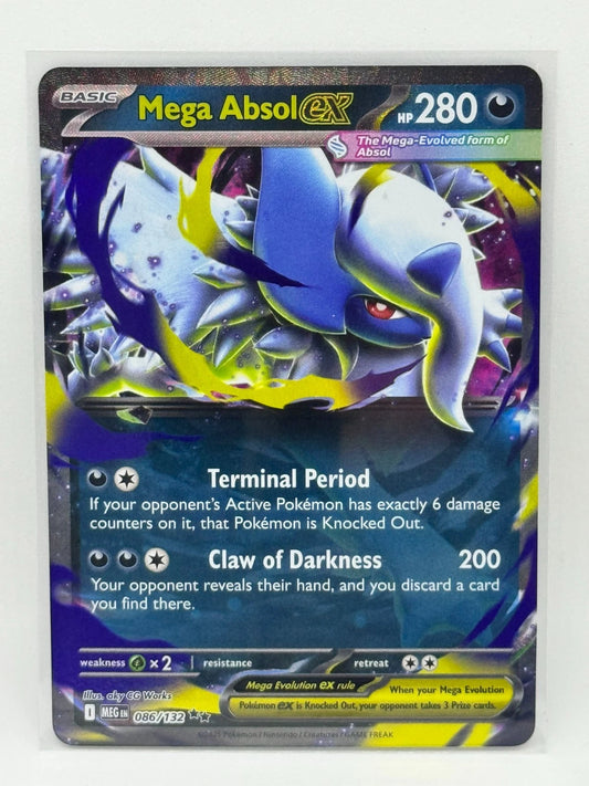 Pokémon TCG Mega Absol ex 086/132 Double Rare card from Mega Evolution, featuring the fearsome dark-type Mega Evolution with a premium holofoil finish.