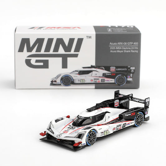 MINI GT Acura ARX-06 GTP No. 93 2025 IMSA Daytona 24 Hours Acura Meyer Shank Racing diecast model car in white, black, and red livery with Goodyear racing tires and original display box.