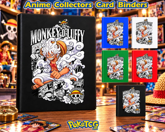 Monkey D. Luffy Gear 5 anime card binders in black, blue, white, green, and red for One Piece trading card collectors.