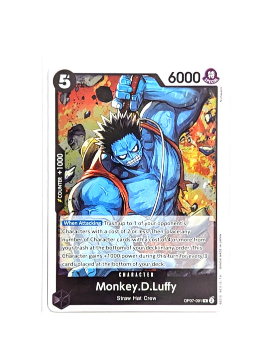 One Piece TCG Monkey D. Luffy OP07-091 rare English card from 500 Years in the Future set featuring black attribute power boost and removal ability.