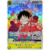 Japanese One Piece TCG Monkey.D.Luffy OP07-109 SR card featuring Luffy in his futuristic red Egghead suit with a colorful, bubbly lab background.