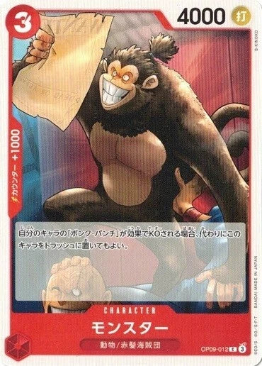 One Piece TCG character card OP09-012 featuring Monster, a small monkey with a top-knot, grinning and holding up a wanted poster against a red and purple background.