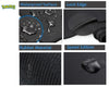 Collage of features including waterproof surface, lock edge, rubber material, and speed edition on a black mouse pad.