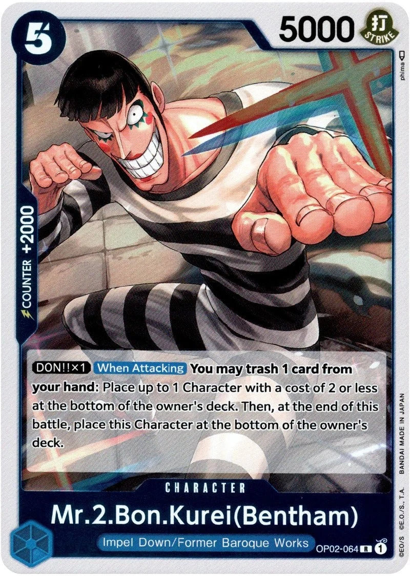 One Piece TCG Mr. 2 Bon Kurei OP02-064 rare character card from Paramount War set featuring Bentham with official English text and Baroque Works artwork.