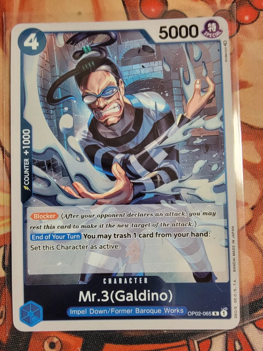 One Piece TCG Mr. 3 Galdino OP02-065 rare foil card from Paramount War set featuring Blocker and On Play resting ability.