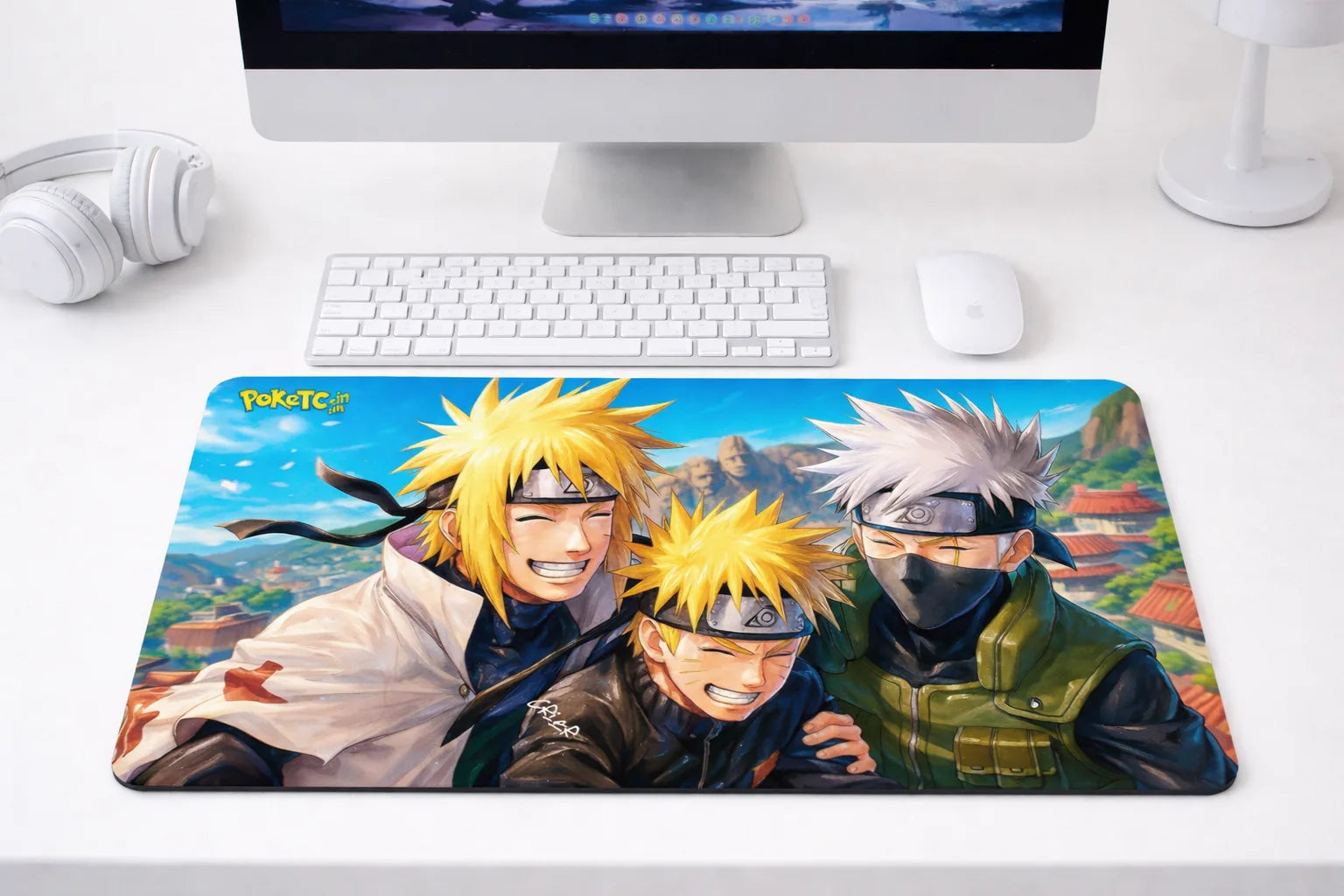 Large 24x12 inch Naruto anime mousepad featuring Naruto, Minato, and Kakashi with a Hidden Leaf village background on a clean desk setup.