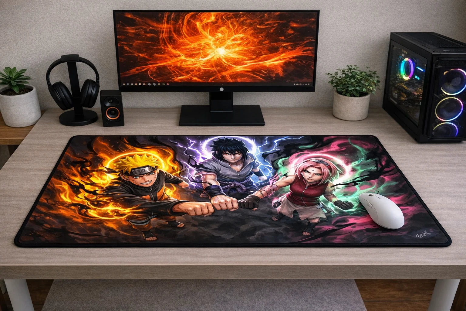 Large 24x12 inch Naruto Team 7 mousepad featuring Naruto, Sasuke, and Sakura with elemental energy effects on a clean gaming desk setup.