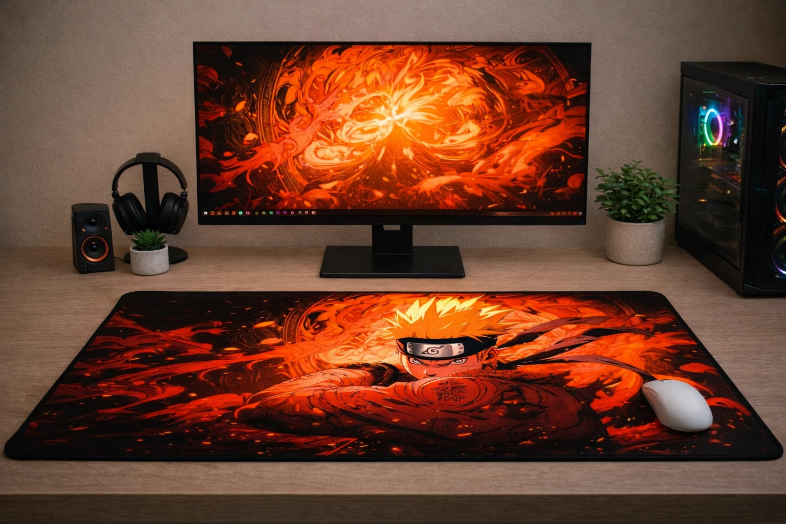 Large 24x12 inch Naruto Uzumaki anime mousepad featuring a fiery orange character illustration and Hidden Leaf logo on a clean gaming desk setup.
