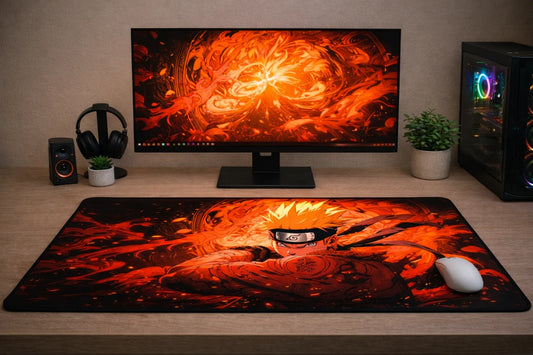 Large 24x12 inch Naruto Uzumaki anime mousepad featuring a fiery orange character illustration and Hidden Leaf logo on a clean gaming desk setup.