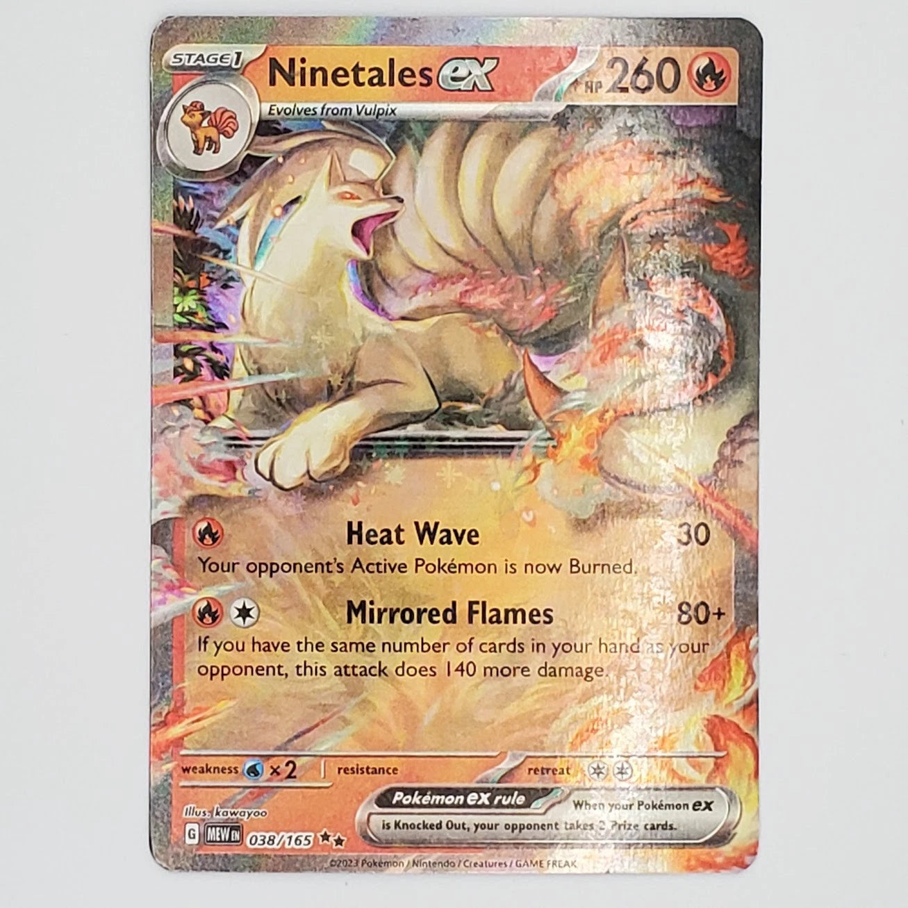 Pokémon TCG Ninetales ex 038/165 Double Rare card from Scarlet & Violet 151, featuring the Fire-type Pokémon with a premium full-art holofoil finish.