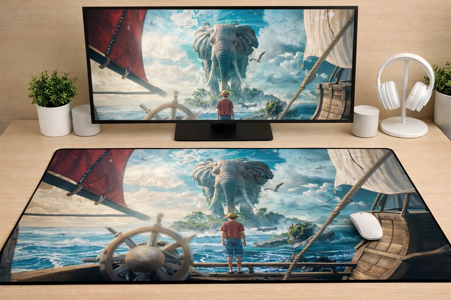 Large 24x12 inch One Piece mousepad featuring Luffy on a ship looking at a giant elephant island under a bright blue sky.